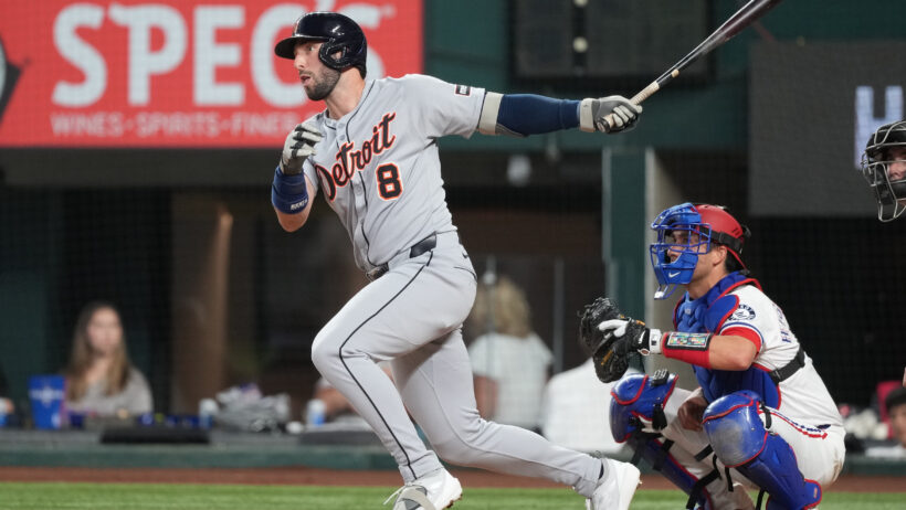Detroit Tigers center fielder Matt Vierling at the plate against the Texas Rangers
