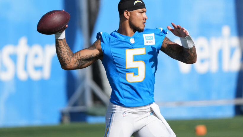 Los Angeles Chargers quarterback Trey Lance throws a pass during training camp
