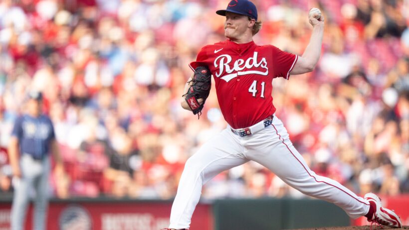 Cincinnati Reds pitcher Andrew Abbott throwing a pitch