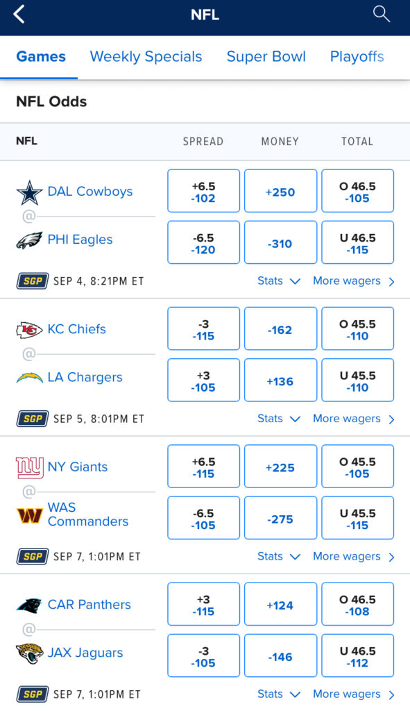 NFL SGP strategy. FanDuel screenshot