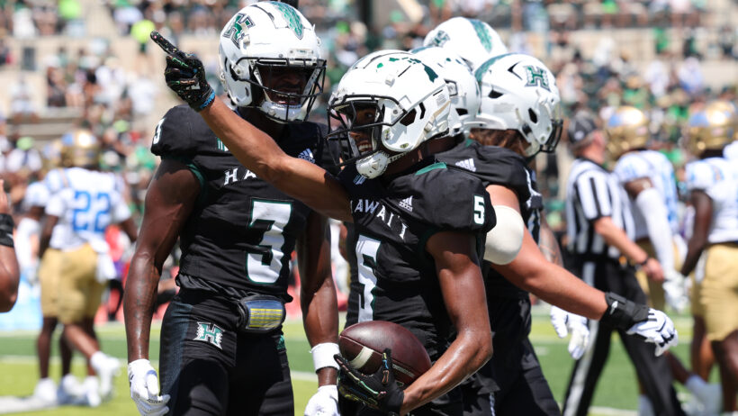 Hawaii Rainbow Warriors wide receiver Pofele Ashlock celebrates
