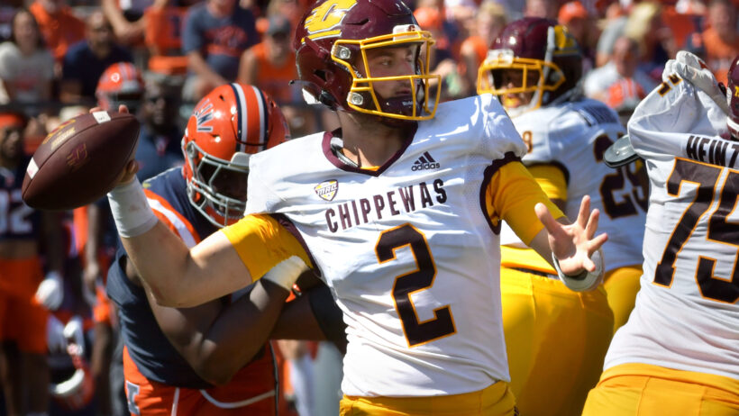 Central Michigan Chippewas quarterback Joe Labas passes the ball