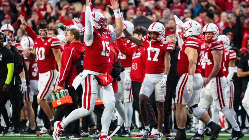Nebraska Cornhuskers quarterback Dylan Raiola hypes up the crowd