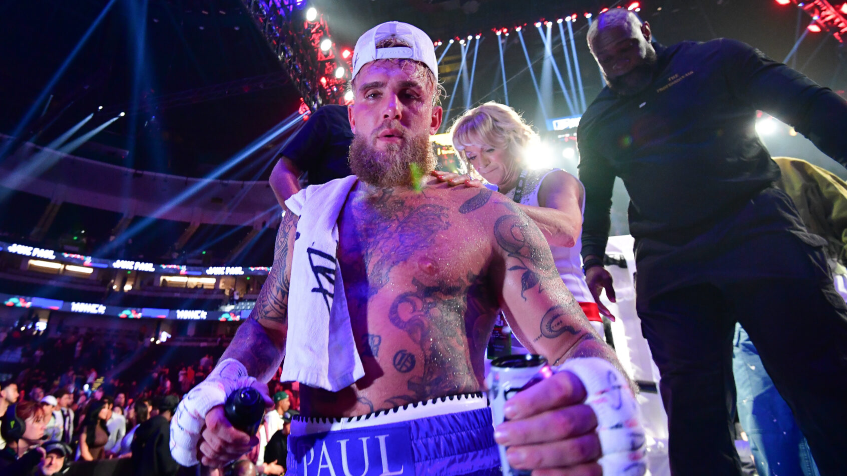 Jake Paul leaves the ring following his victory against Julio Cesar Chavez Jr. at Honda Center