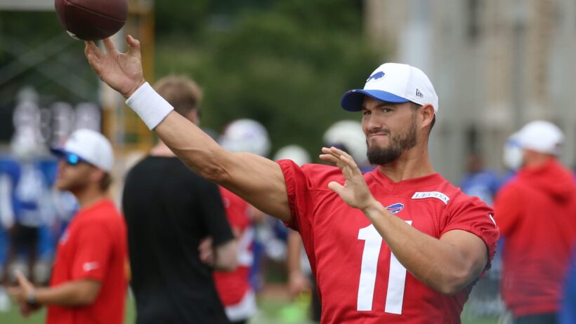 Bills quarterback Mitchell Trubisky throws on the sidelines