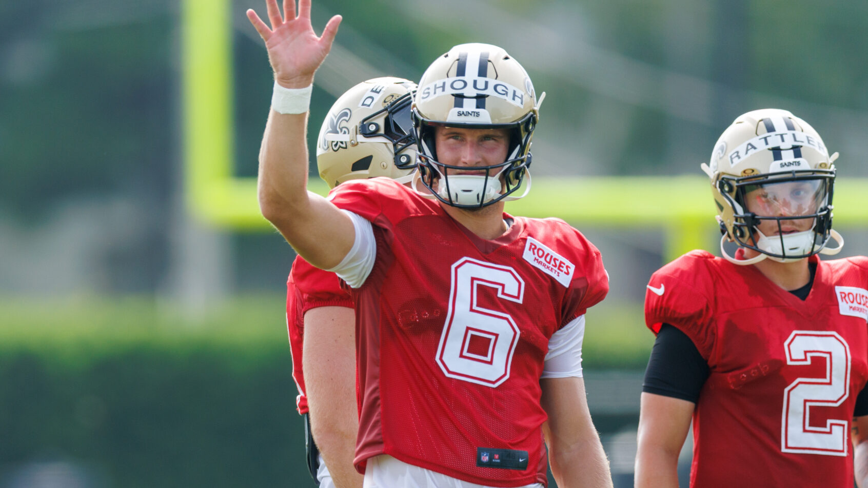 New Orleans Saints quarterback Tyler Shough on the field at training camp