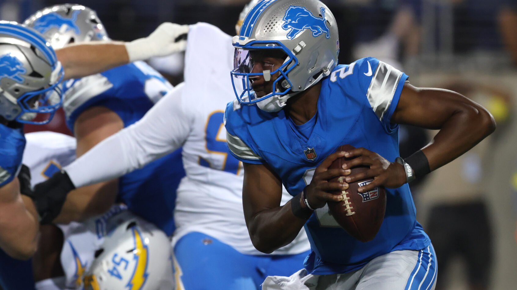Detroit Lions quarterback Hendon Hooker runs against the Los Angeles Chargers