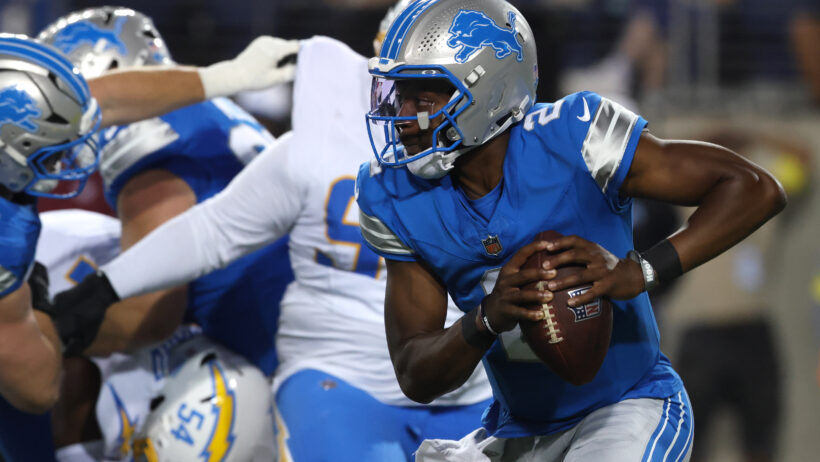 Detroit Lions quarterback Hendon Hooker runs against the Los Angeles Chargers