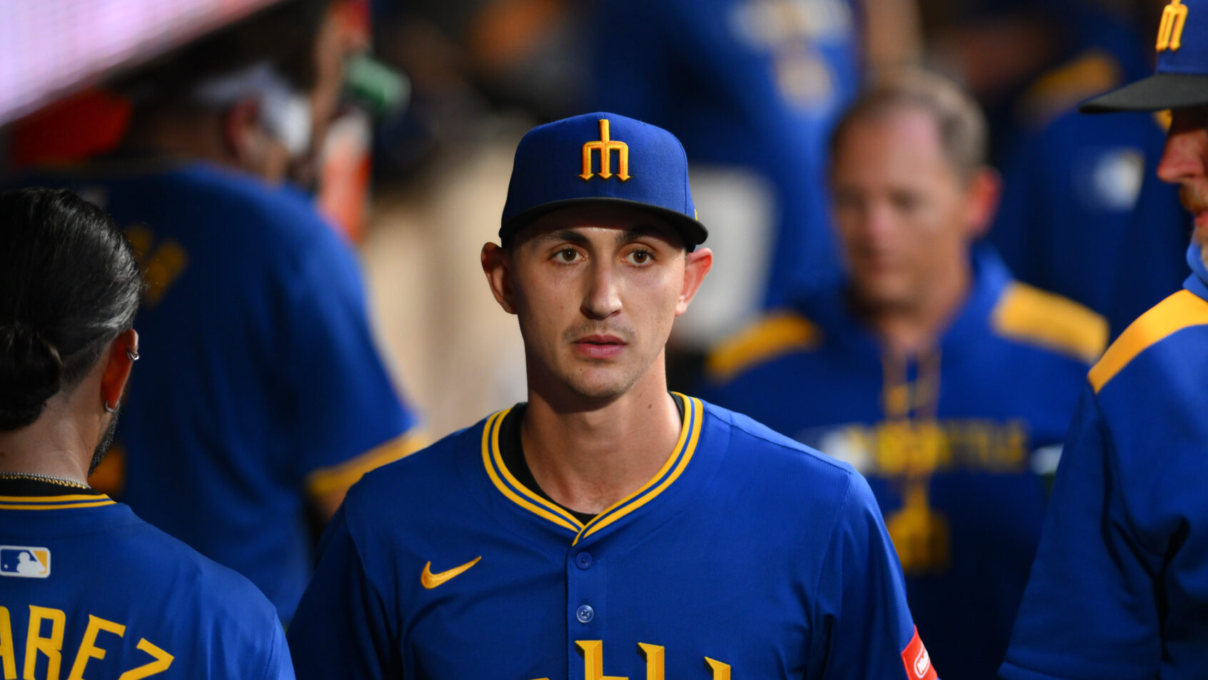 Seattle Mariners starting pitcher George Kirby in the dugout