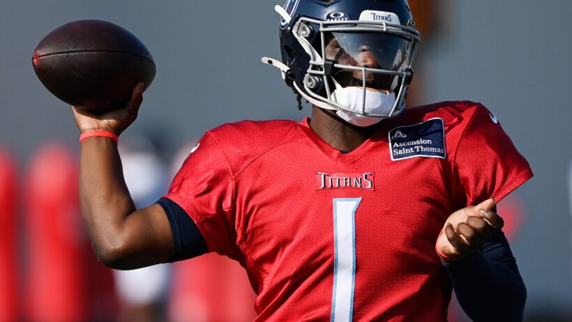 Tennessee Titans quarterback Cam Ward throwing a pass during 2025 training camp
