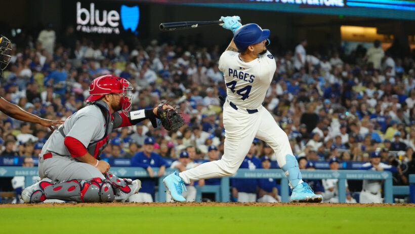 Los Angeles Dodgers center fielder Andy Pages hitting a fly ball