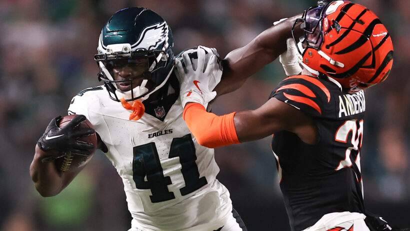 Philadelphia Eagles wide receiver Darius Cooper stiff arms Cincinnati Bengals safety Tycen Anderson