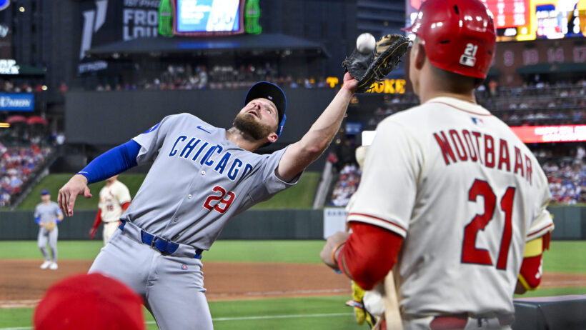Chicago Cubs first baseman Michael Busch catching a ball in foul territory against the St Louis Cardinals
