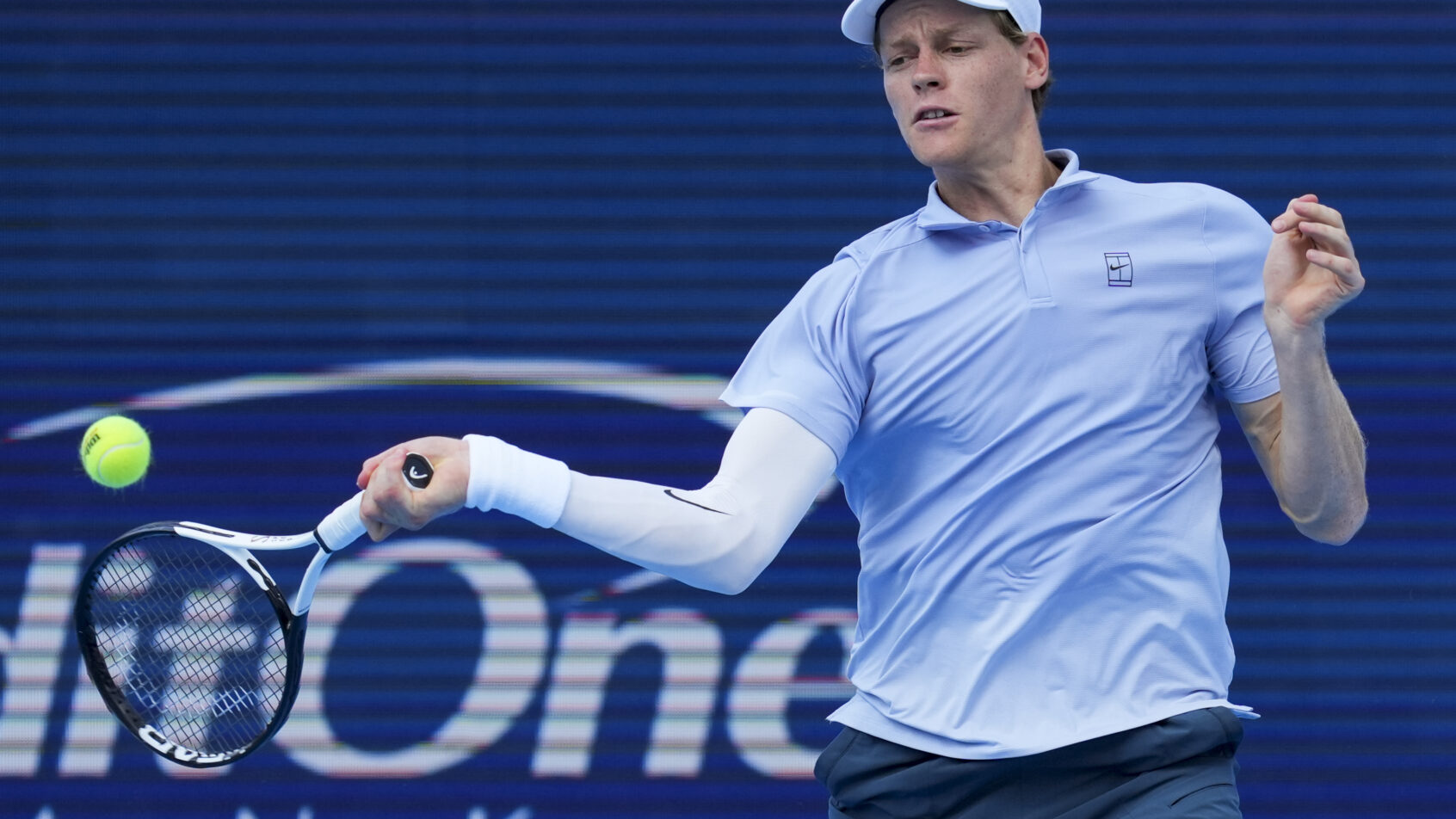 Jannik Sinner blasts a return in the Cincinnati Open quarterfinal.
