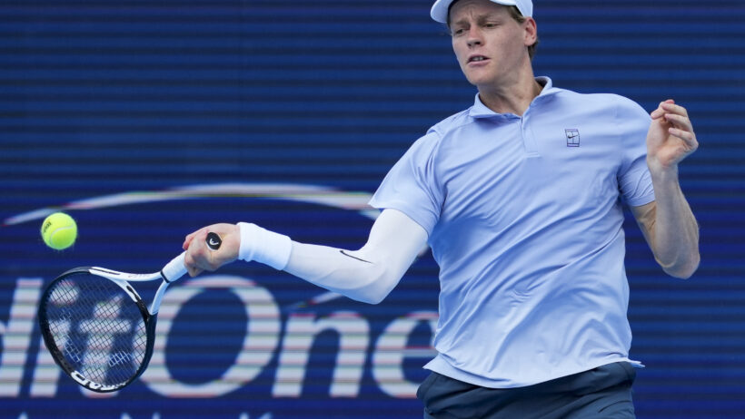 Jannik Sinner blasts a return in the Cincinnati Open quarterfinal.
