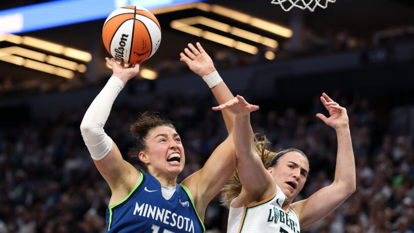 Minnesota Lynx forward Jessica Shepard shoots over New York Liberty guard Sabrina Ionescu