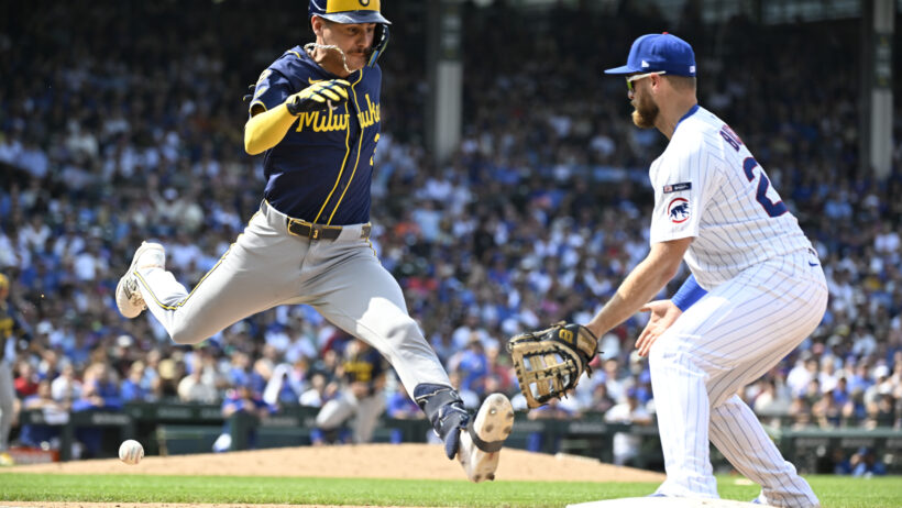 Milwaukee Brewers shortstop Joey Ortiz beats out a throw to first against the Chicago Cubs