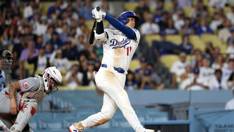 Los Angeles Dodgers designated hitter Shohei Ohtani striking out against the Cincinnati Reds