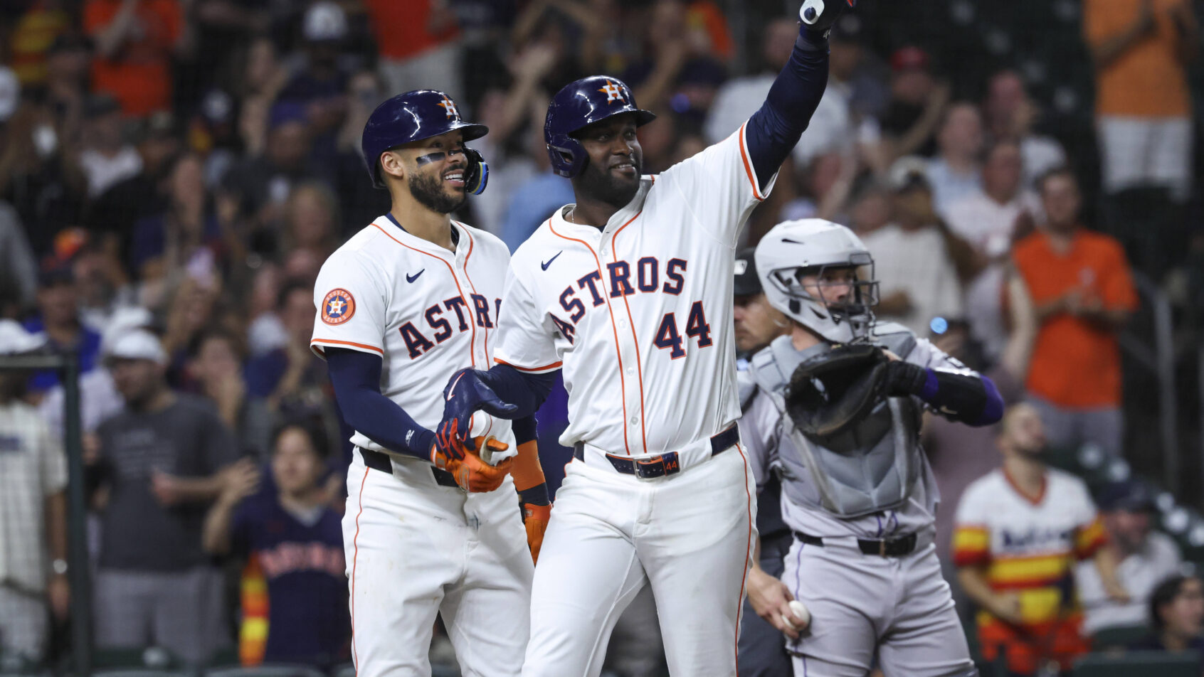 Yordan Alvarez celebrates after hitting a home run