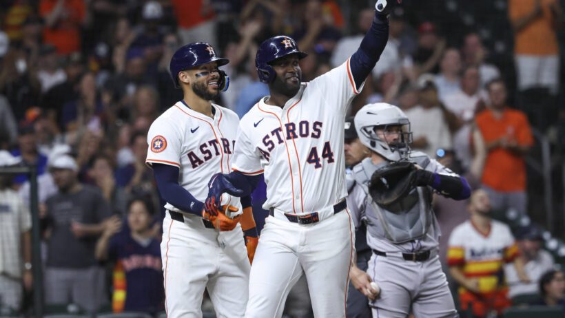 Yordan Alvarez celebrates after hitting a home run