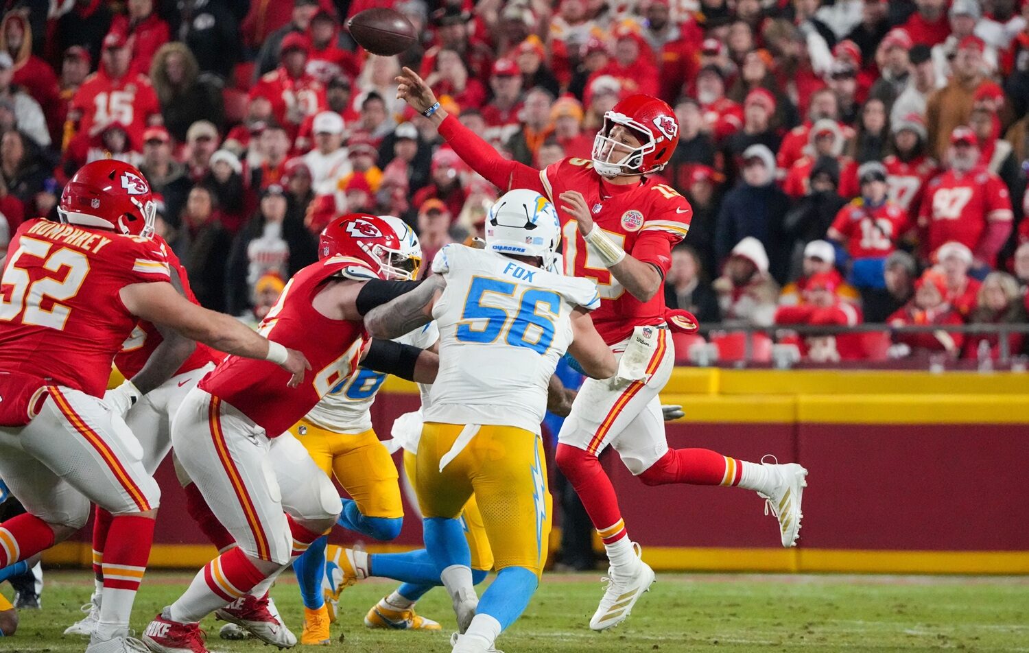 Chiefs vs Chargers sportsbook promos. Patrick Mahomes throws a pass vs. Chargers.