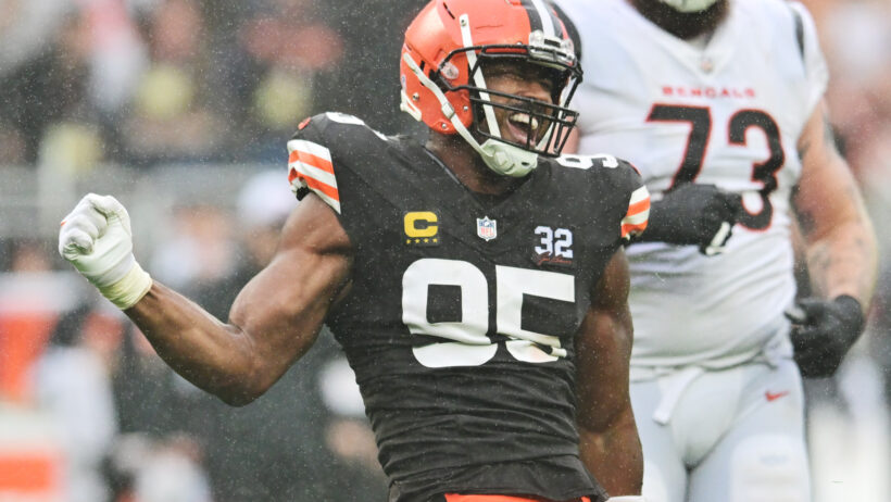 Myles Garrett celebrating after sacking Joe Burrow