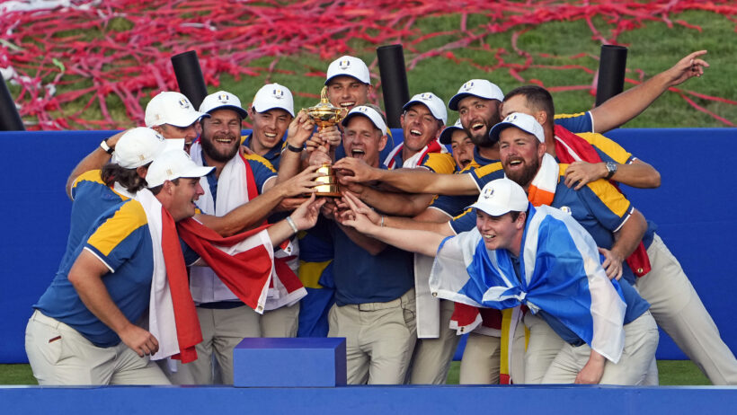 Team Europe poses with the Ryder Cup victory in 2023.