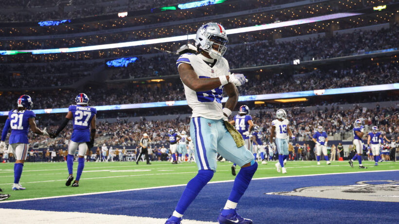 Dallas Cowboys wide receiver CeeDee Lamb celebrating a TD against the New York Giants