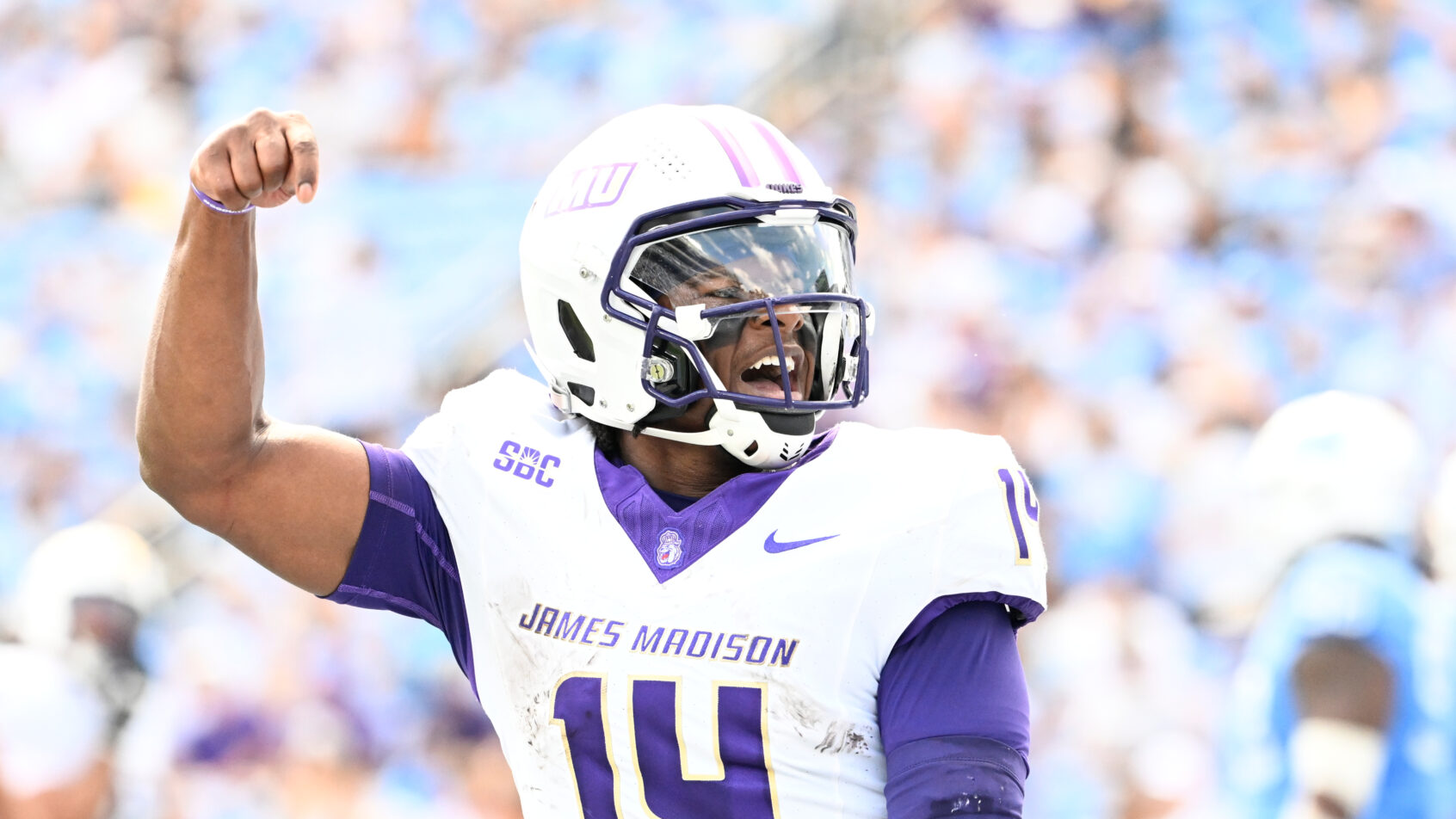 James Madison Dukes quarterback Alonza Barnett III reacts