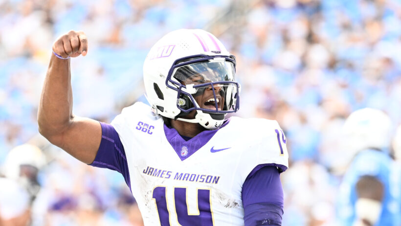 James Madison Dukes quarterback Alonza Barnett III reacts