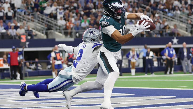 Philadelphia Eagles wide receiver Jahan Dotson catching a TD pass against the Dallas Cowboys