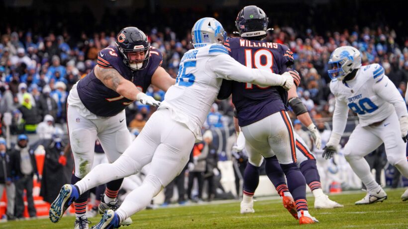 Chicago Bears quarterback Caleb Williams throws a pass against the Detroit Lions