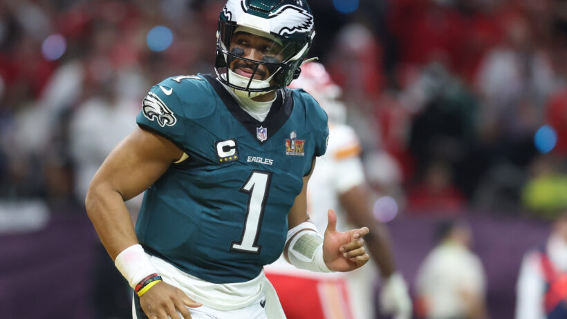 Jalen Hurts celebrates a touchdown in the Super Bowl.