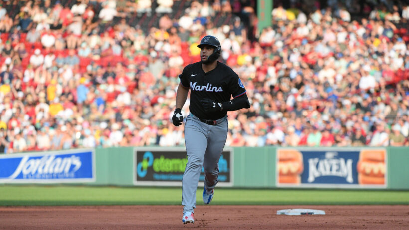 Agustin Ramirez rounding the bases after hitting a home run
