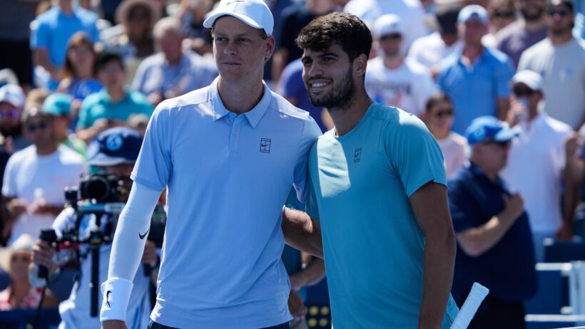 Jannik Sinner and Carlos Alcaraz pose for a photo in Cincinnati