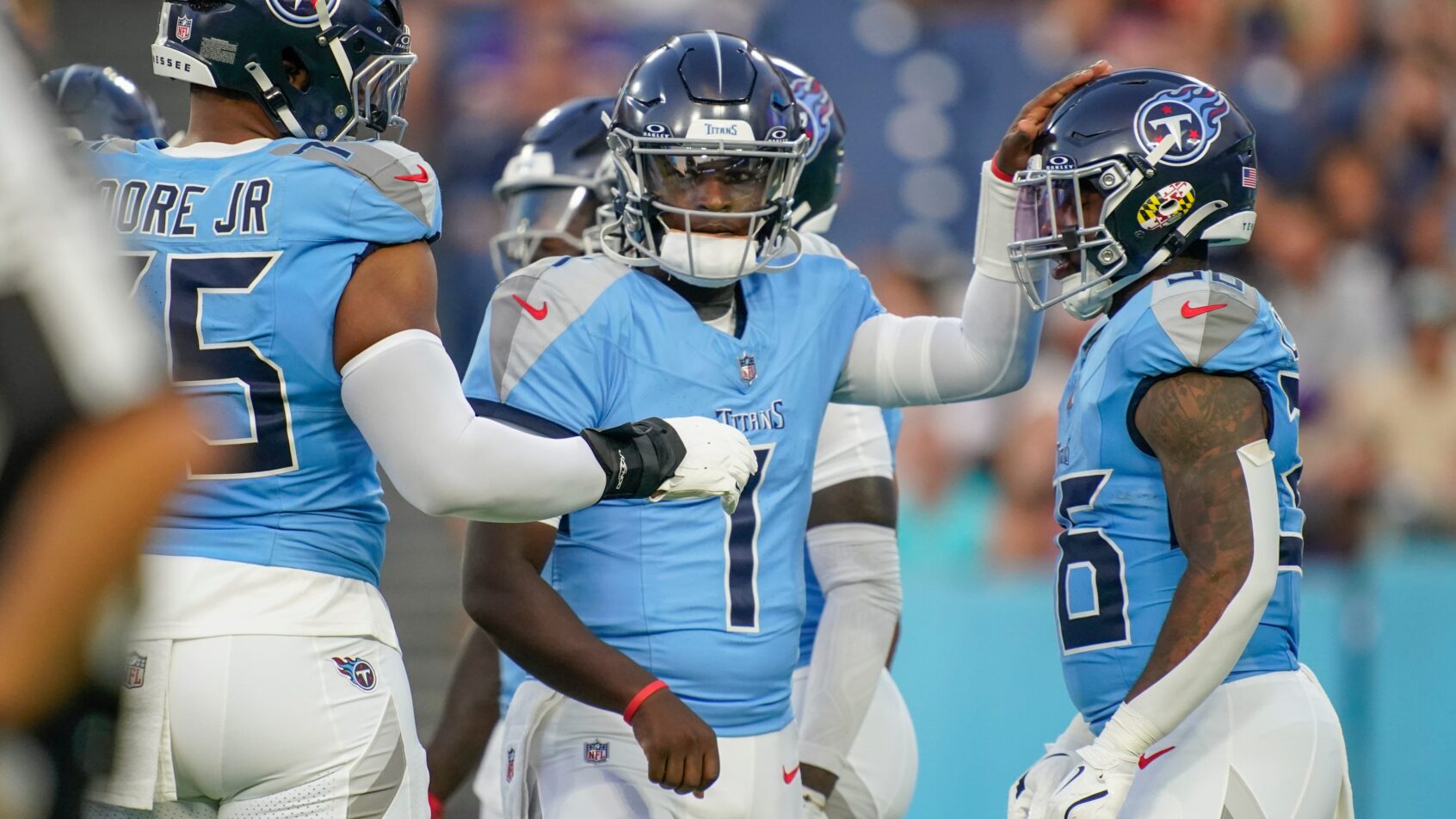 Tennessee Titans quarterback Cam Ward on the field in 2025 preseason