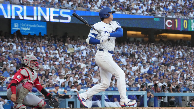 Los Angeles Dodgers' Shohei Ohtani hitting against the Cincinnati Reds