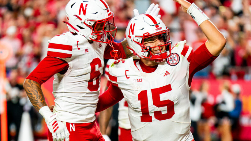Nebraska Cornhuskers quarterback Dylan Raiola celebrates with wide receiver Dane Key