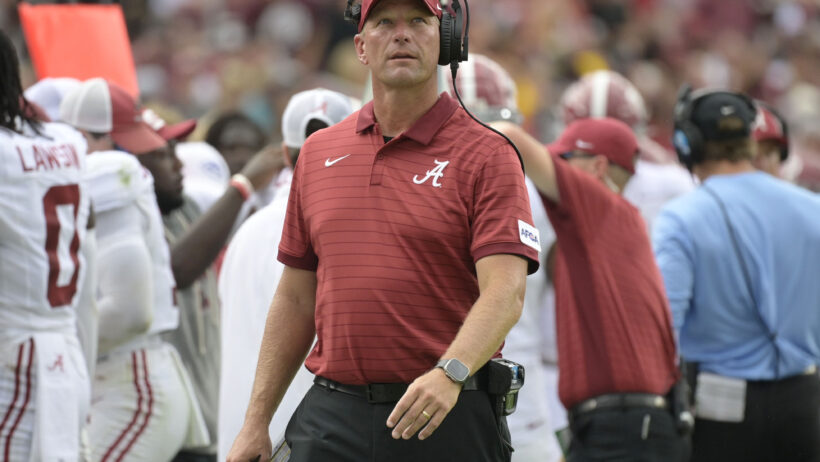 Alabama Crimson Tide head coach Kalen DeBoer looks on