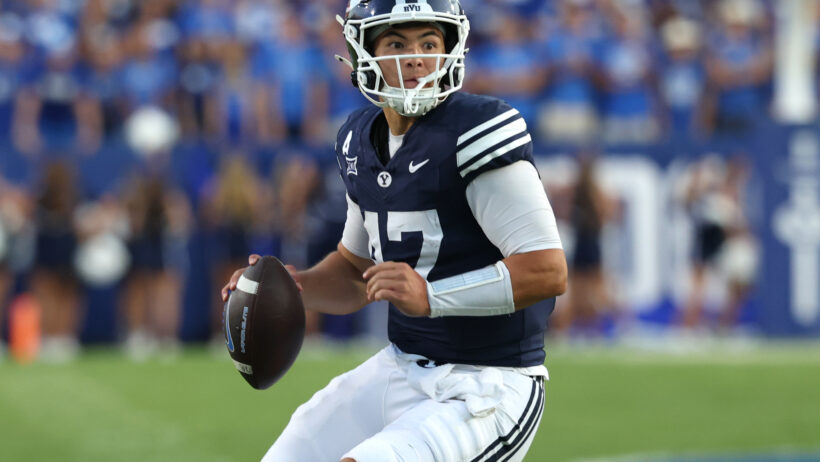 Brigham Young Cougars quarterback Bear Bachmeier looks to pass against the Portland State