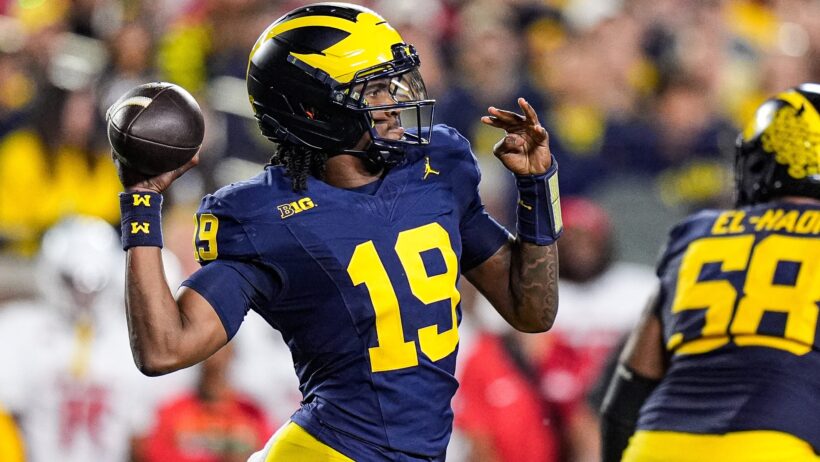 Michigan quarterback Bryce Underwood passes against New Mexico
