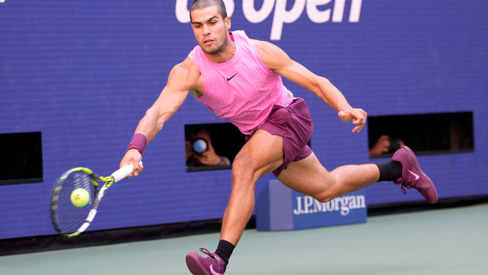 Carlos Alcaraz hitting a forehand at the 2025 US Open