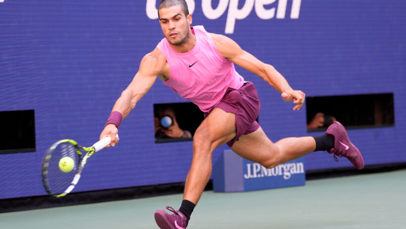 Carlos Alcaraz hitting a forehand at the 2025 US Open