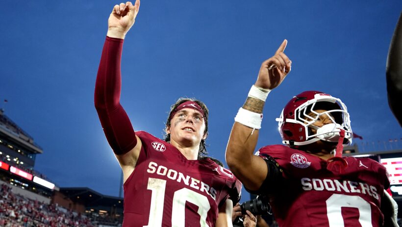 The Oklahoma Sooners, led by John Mateer, celebrate a win.