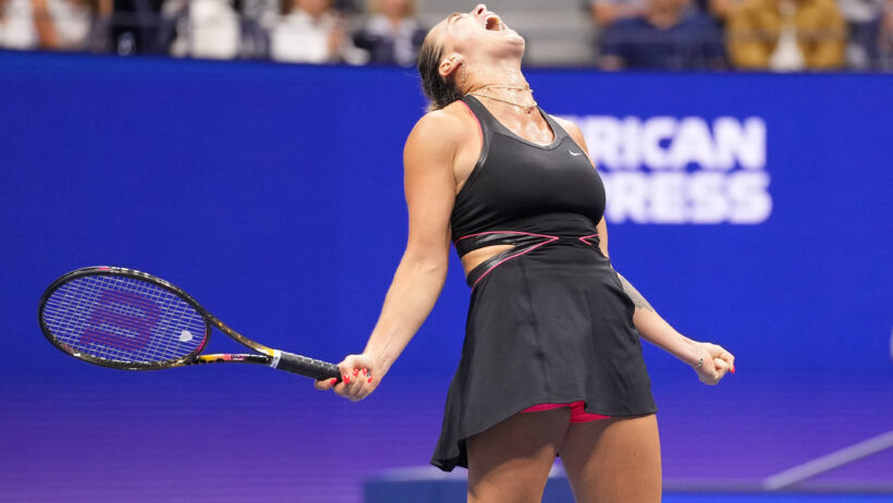 Aryna Sabalenka celebrates her US Open semifinal win.