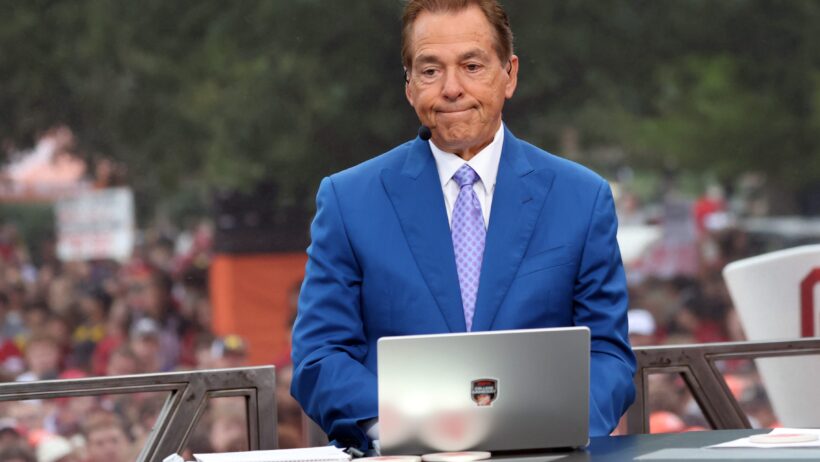 Nick Saban is on stage at ESPN College GameDa