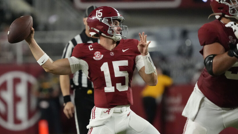 Alabama quarterback Ty Simpson throws against UL Monroe