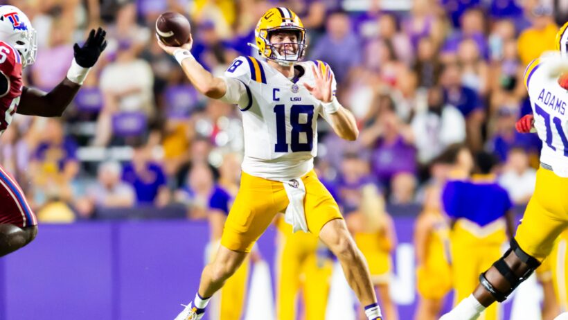 Garrett Nussmeier fires a pass versus Louisiana Tech in Week 2.