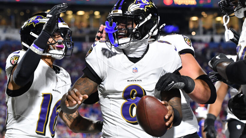 Lamar Jackson celebrates a touchdown versus the Bills.