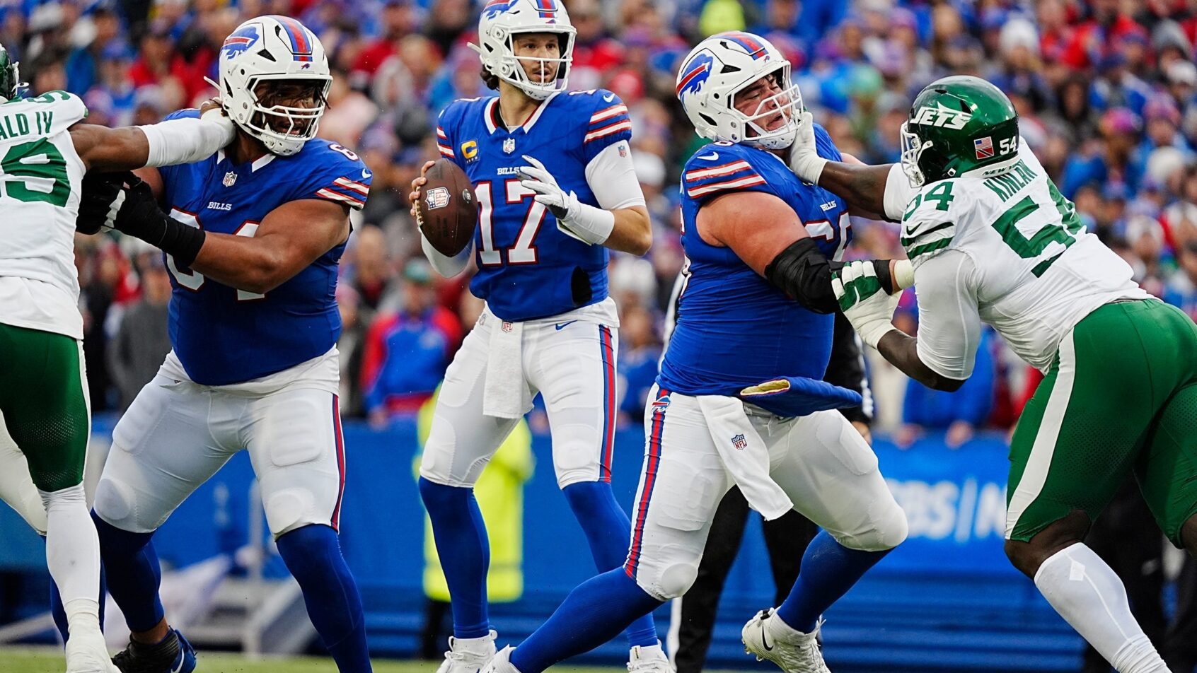 Buffalo Bills quarterback Josh Allen stands in the pocket against the New York Jets